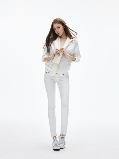 iamxiaa Soft Wash White Floral Embroidery Topstitch Tapered Women&