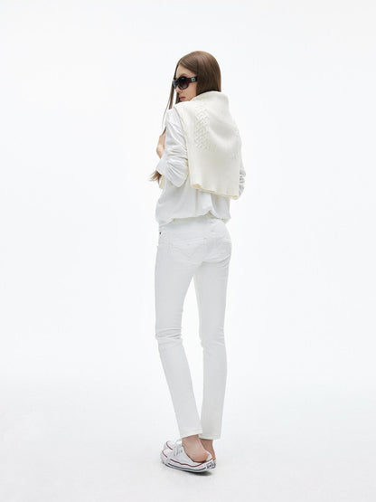 iamxiaa Soft Wash White Floral Embroidery Topstitch Tapered Women&