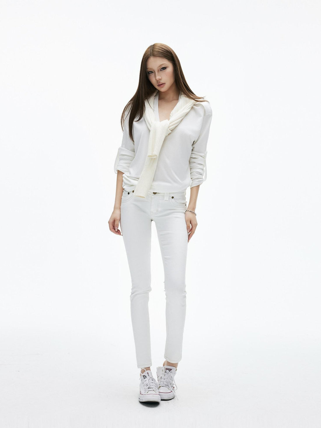 iamxiaa Soft Wash White Floral Embroidery Topstitch Tapered Women&