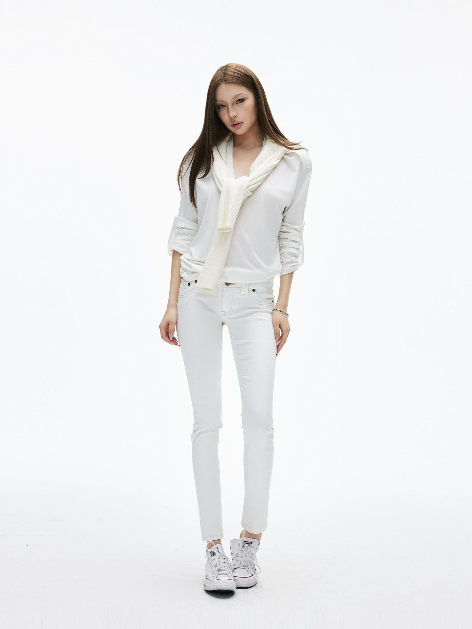 iamxiaa Soft Wash White Floral Embroidery Topstitch Tapered Women&