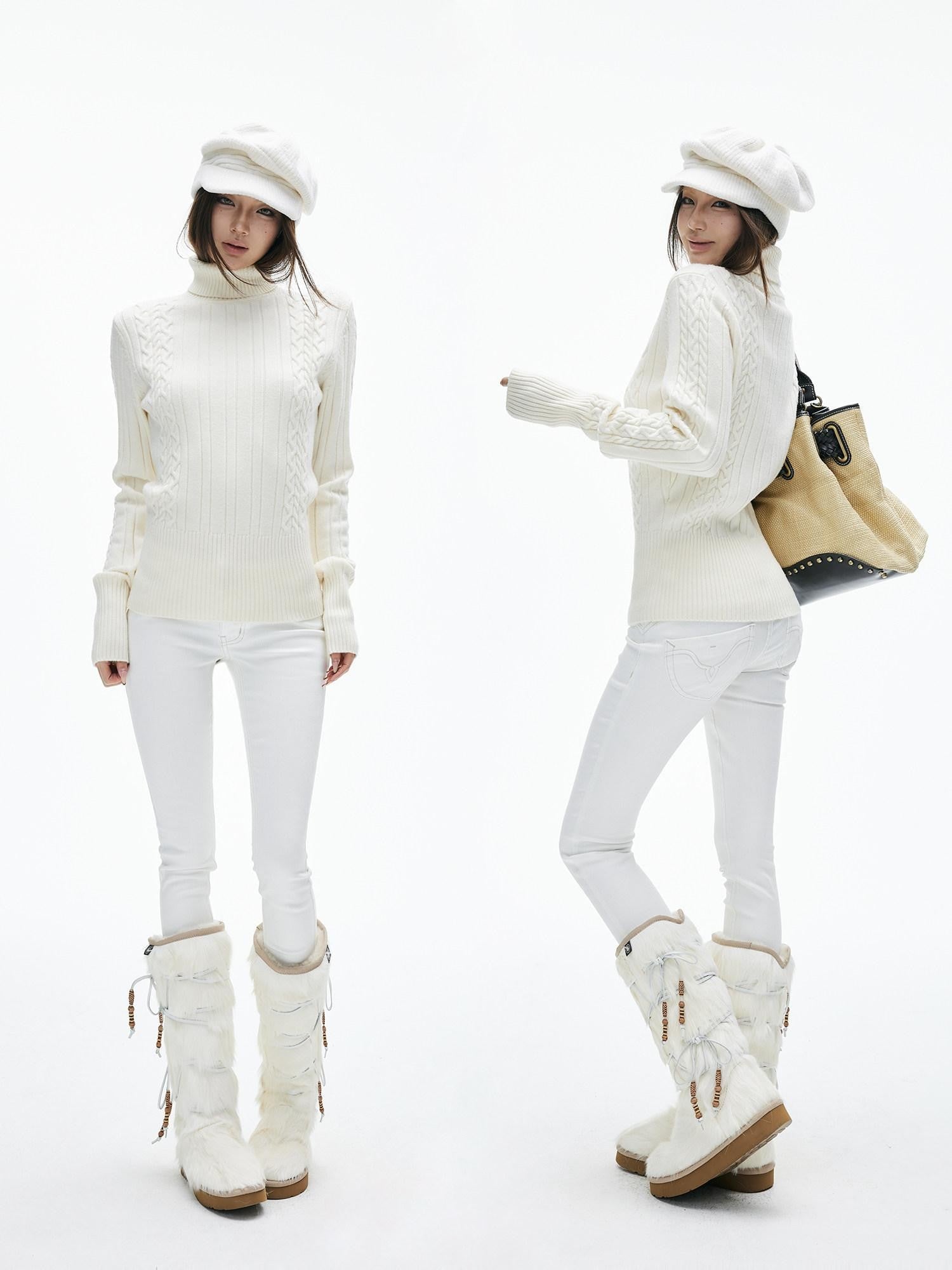 iamxiaa Soft Wash White Floral Embroidery Topstitch Tapered Women&