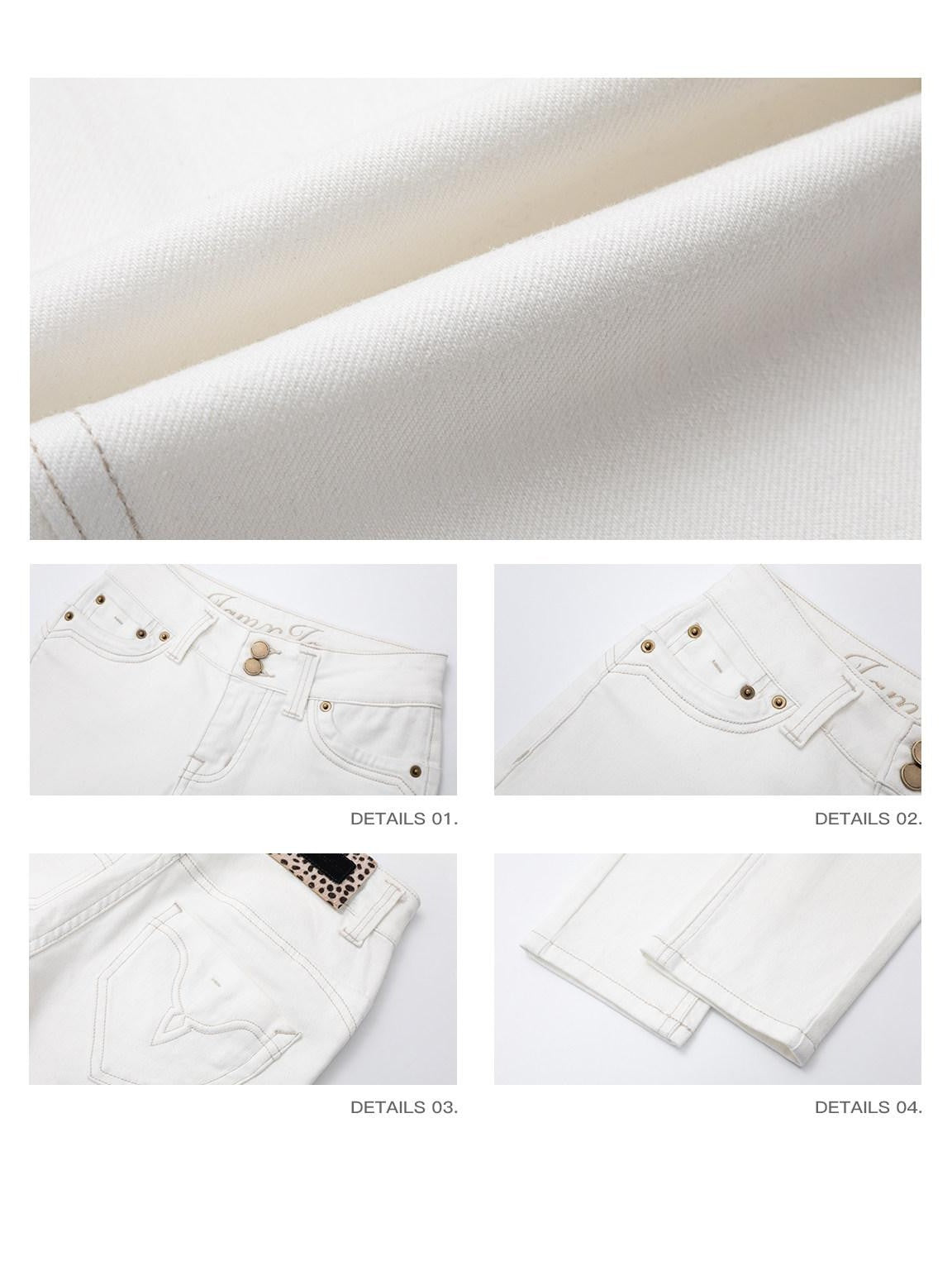 iamxiaa Soft Wash White Floral Embroidery Topstitch Tapered Women&