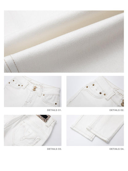 iamxiaa Soft Wash White Floral Embroidery Topstitch Tapered Women&