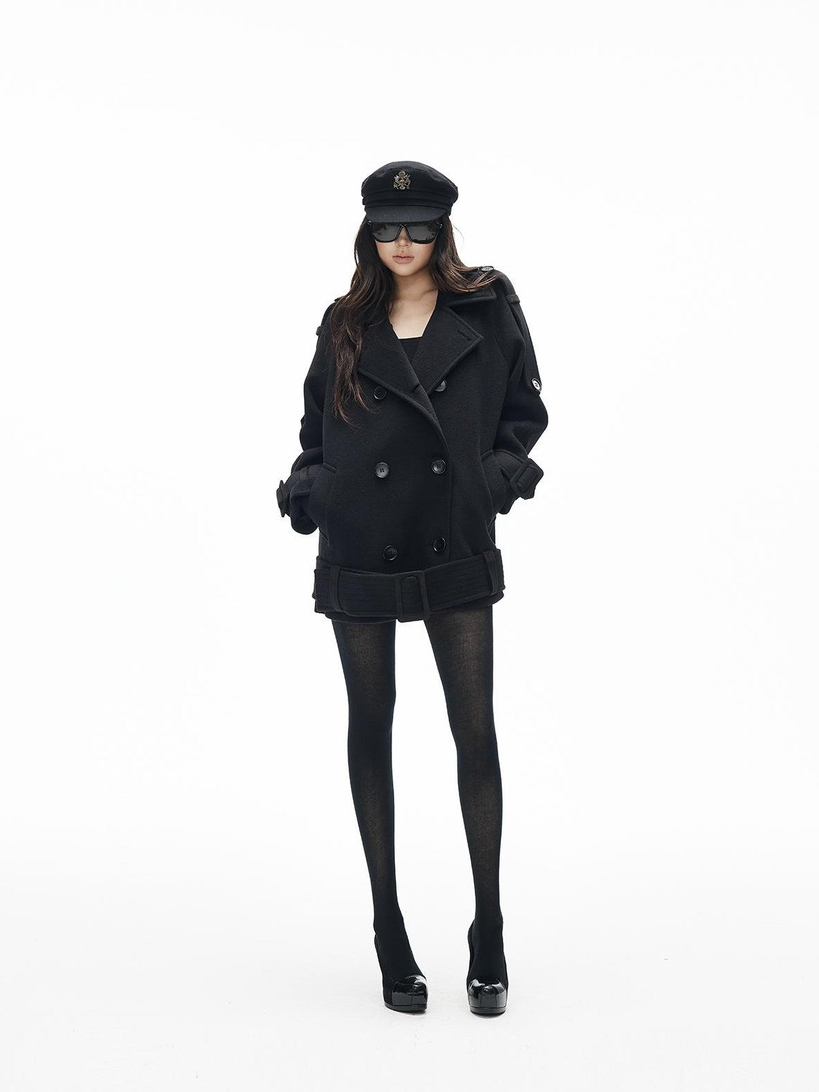 iamxiaa Solid Double Breasted Belted H Line Women&