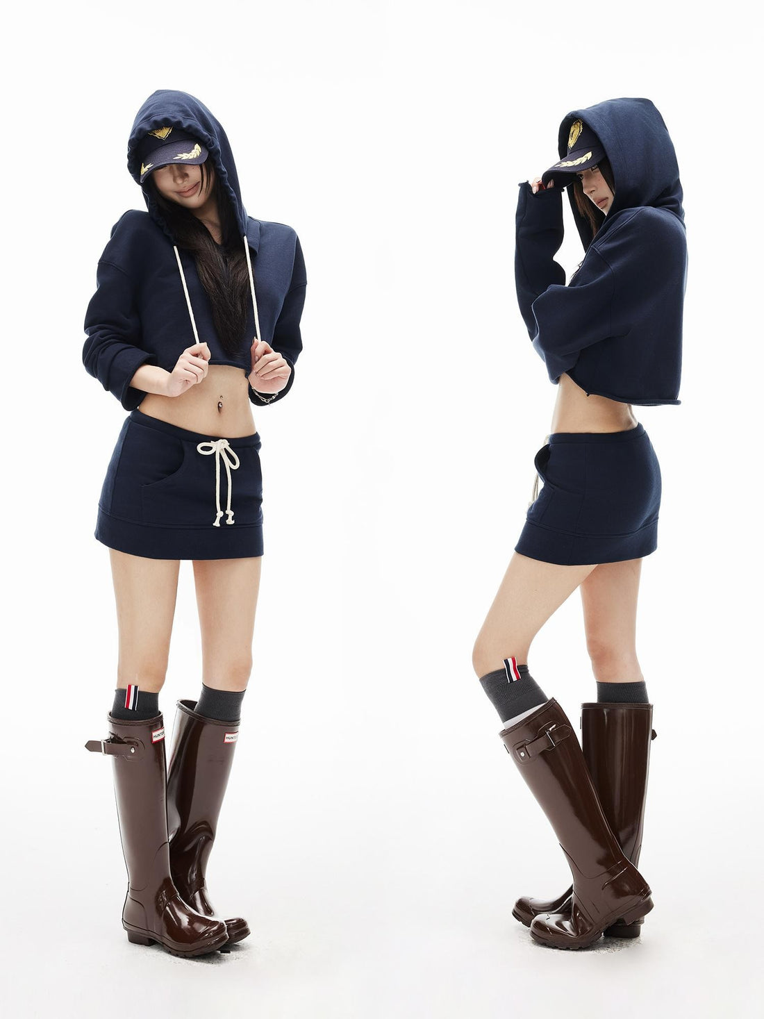 iamxiaa Solid Hooded Cropped Zip Up Women&