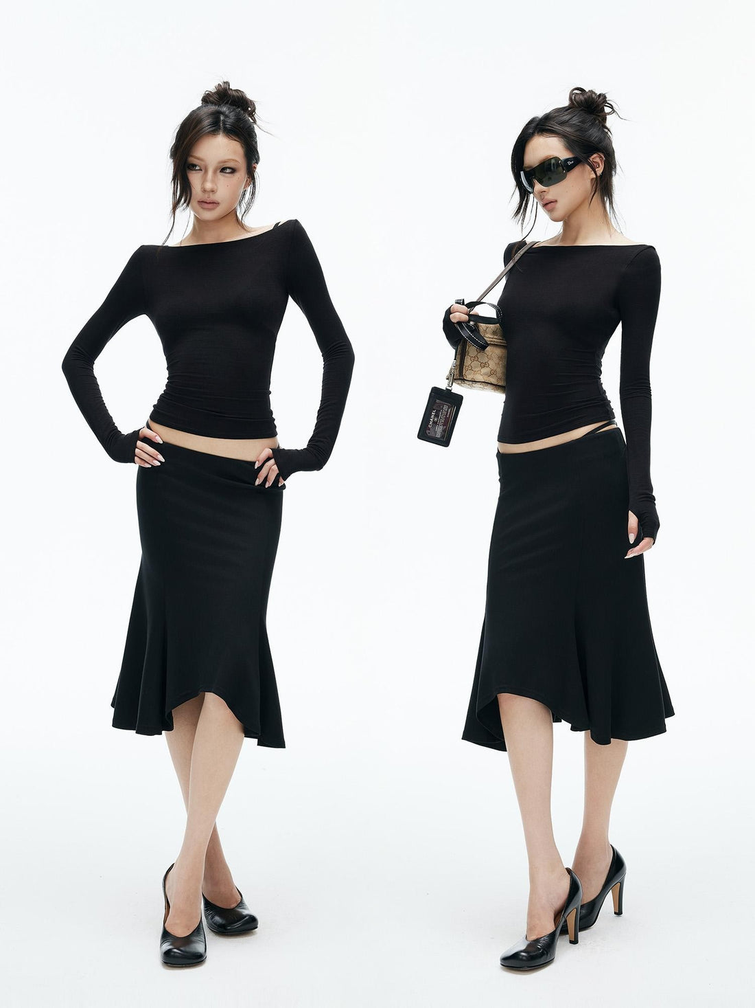 iamxiaa Solid Knit Slim Fit One Shoulder Thumbhole Women&