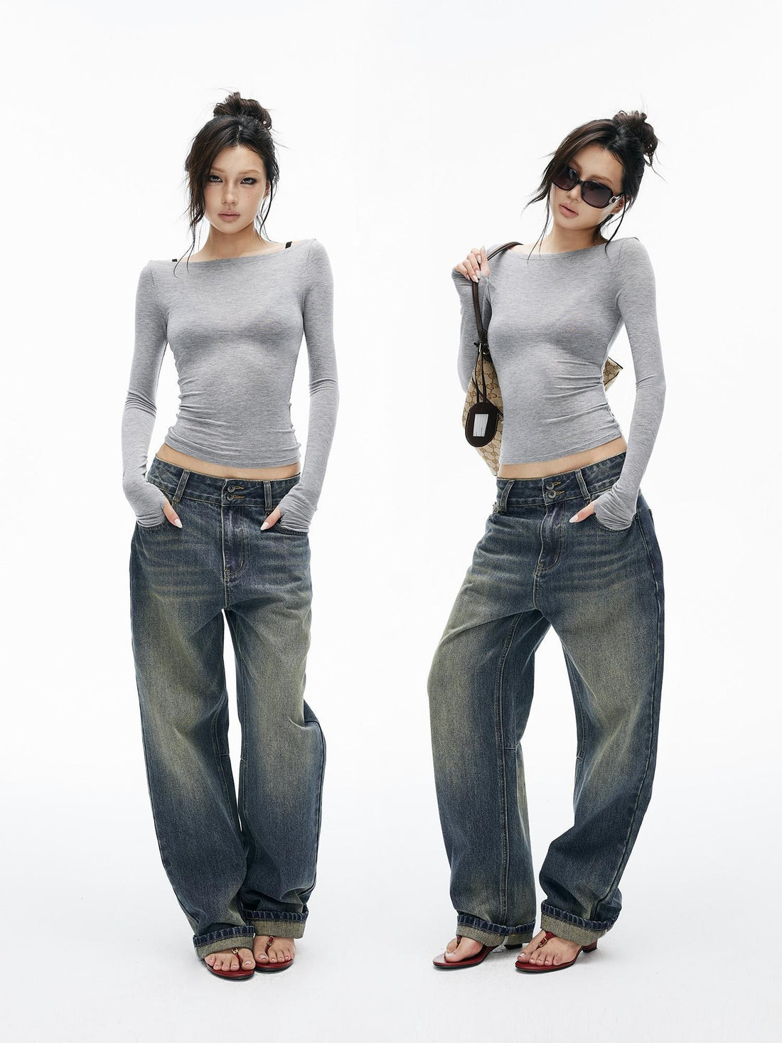 iamxiaa Solid Knit Slim Fit One Shoulder Thumbhole Women&