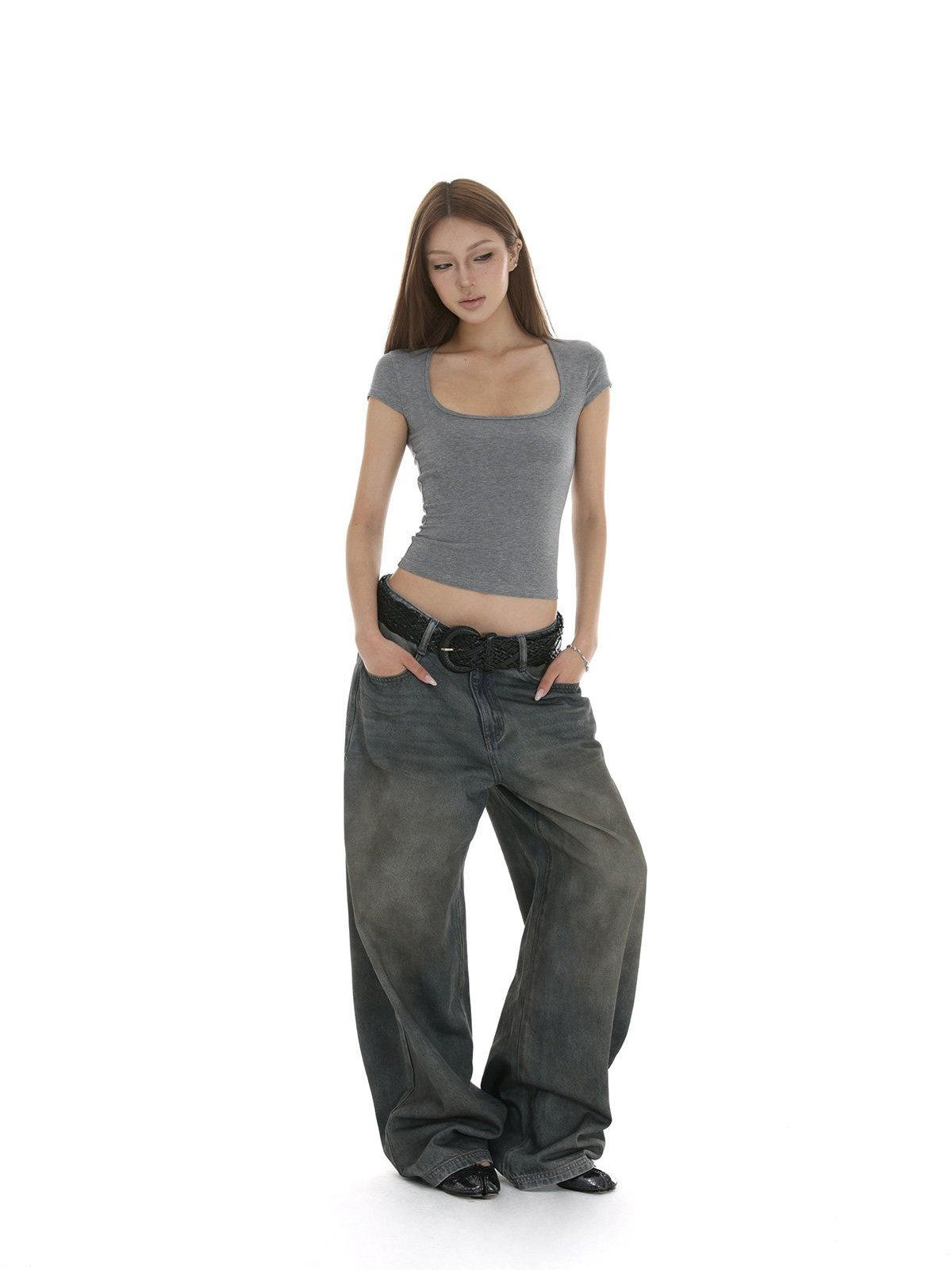 iamxiaa Square U Neck Small Flutter Sleeves Set In Shoulder Slim Fit Women&