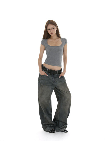 iamxiaa Square U Neck Small Flutter Sleeves Set In Shoulder Slim Fit Women&