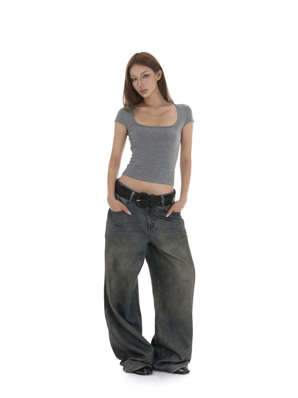 iamxiaa Square U Neck Small Flutter Sleeves Set In Shoulder Slim Fit Women&