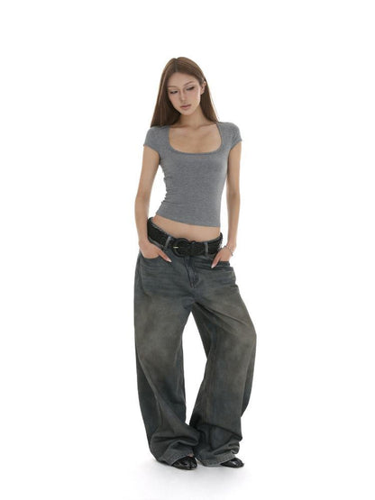 iamxiaa Square U Neck Small Flutter Sleeves Set In Shoulder Slim Fit Women&