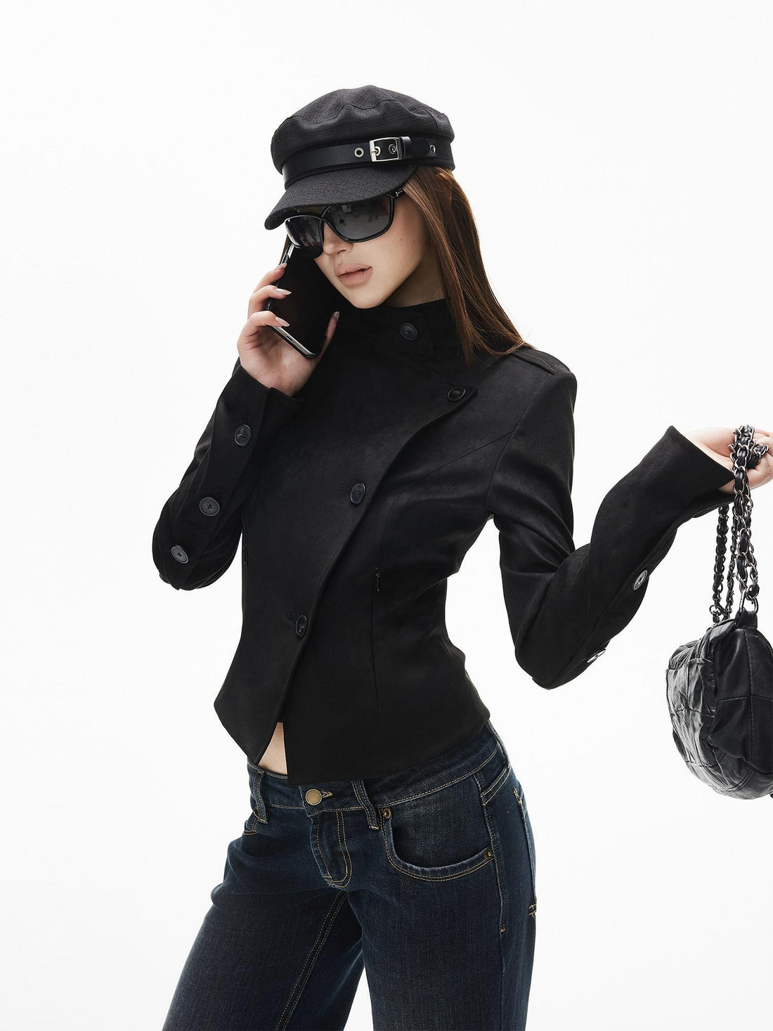 iamxiaa Stand Collar Slanted Front Back Buttons Slim Women&