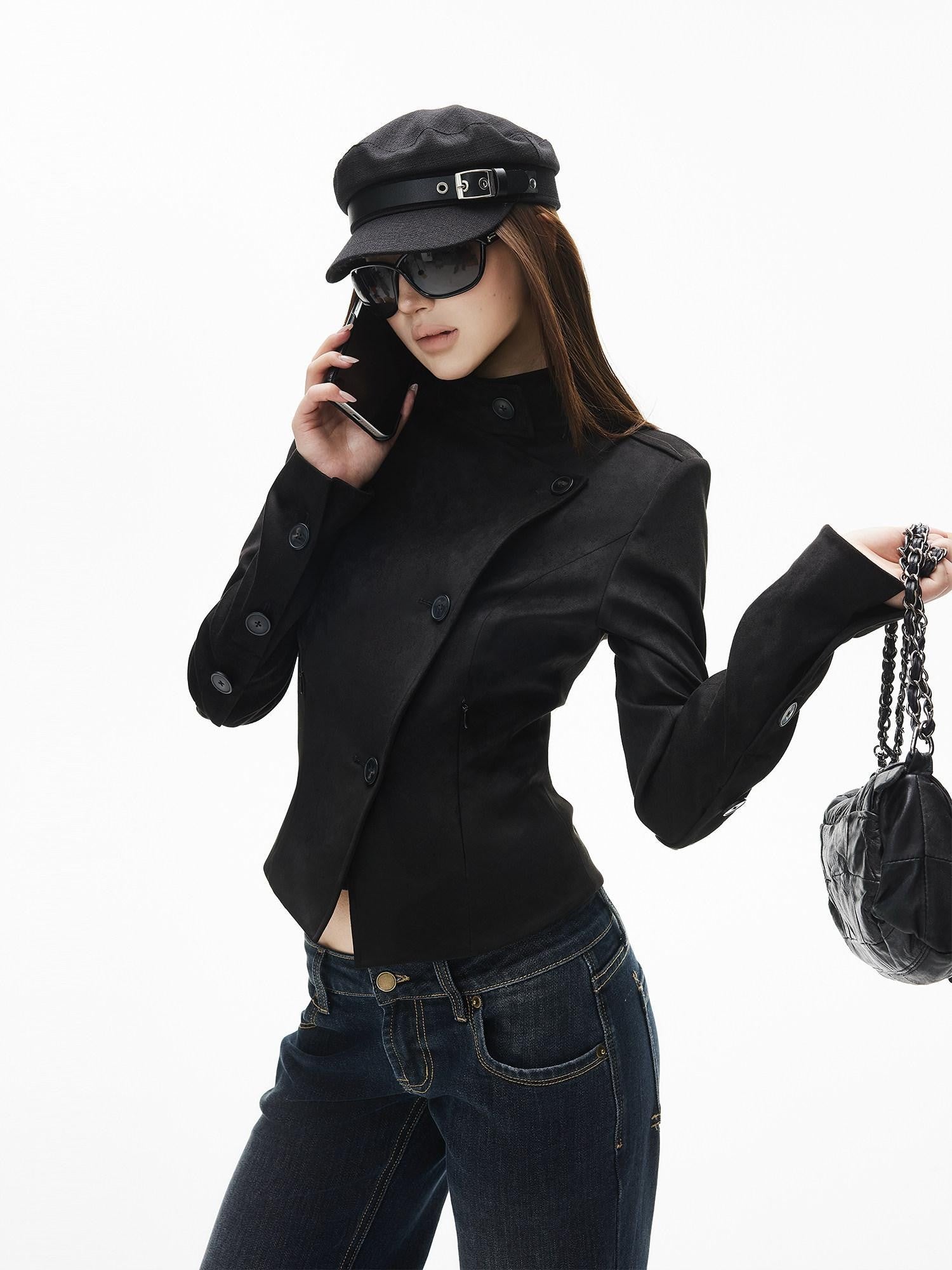 iamxiaa Stand Collar Slanted Front Back Buttons Slim Women&
