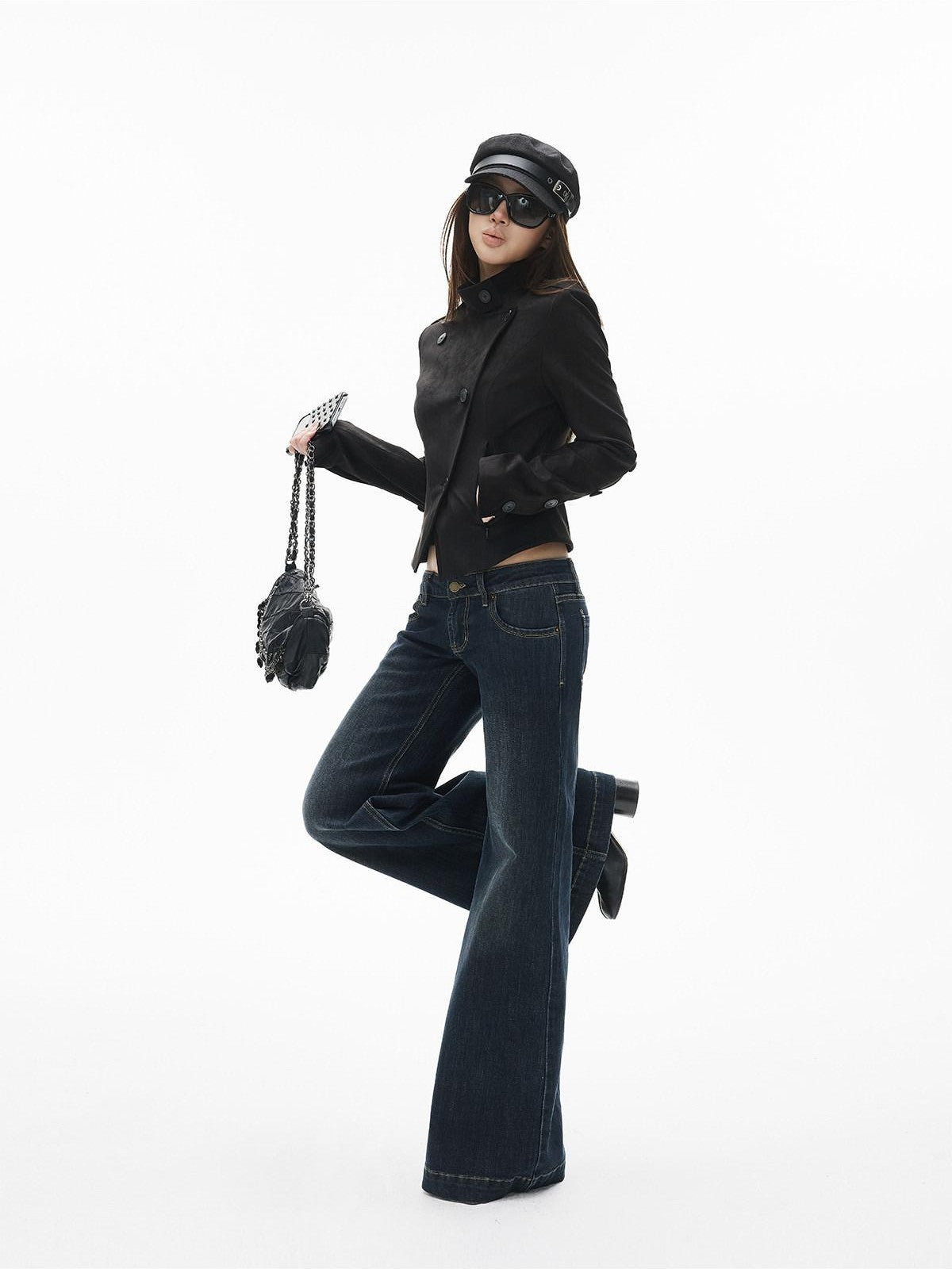 iamxiaa Stand Collar Slanted Front Back Buttons Slim Women&
