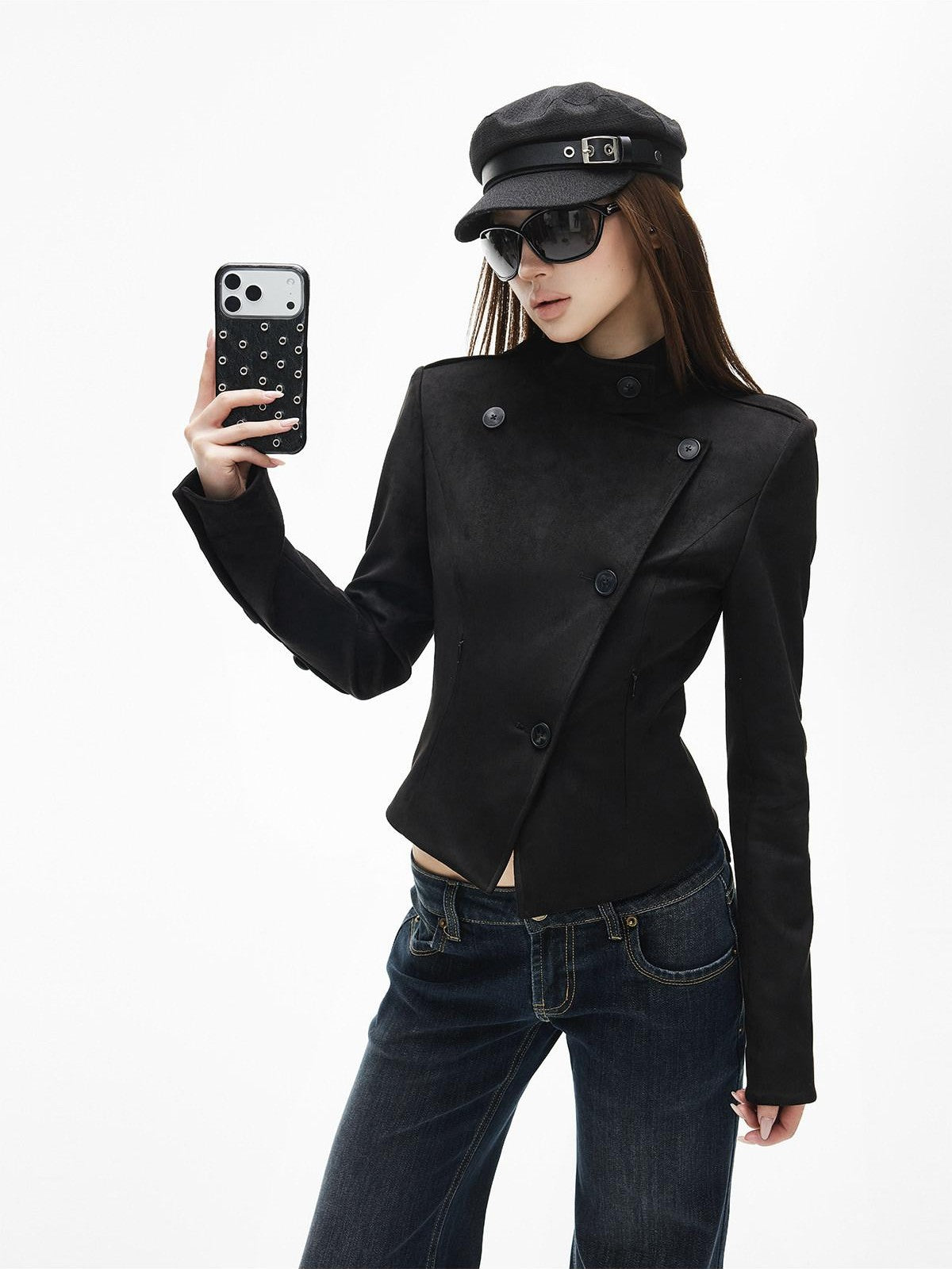 iamxiaa Stand Collar Slanted Front Back Buttons Slim Women&