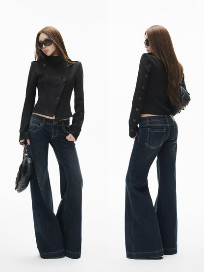 iamxiaa Stand Collar Slanted Front Back Buttons Slim Women&