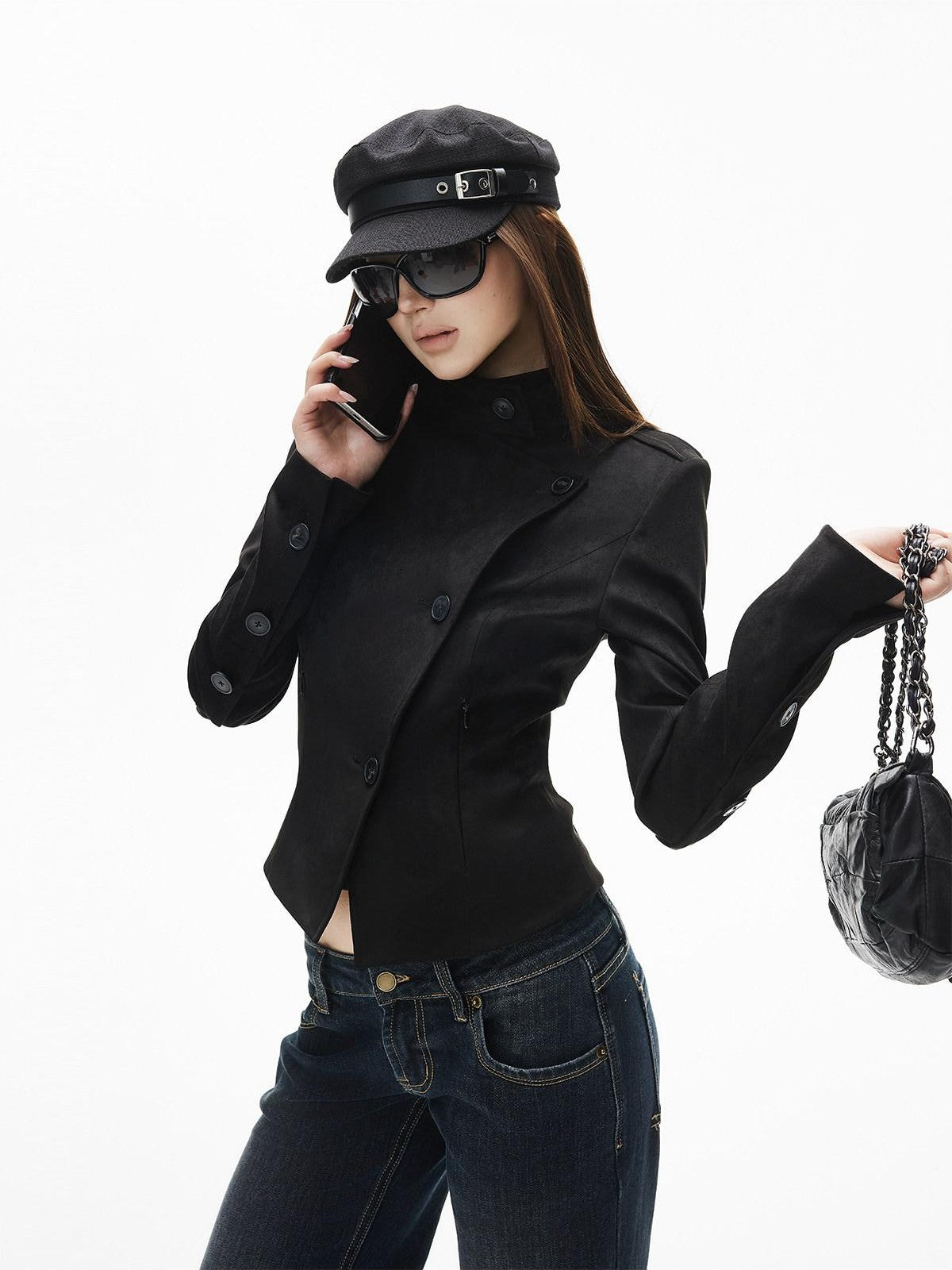 iamxiaa Stand Collar Slanted Front Back Buttons Slim Women&