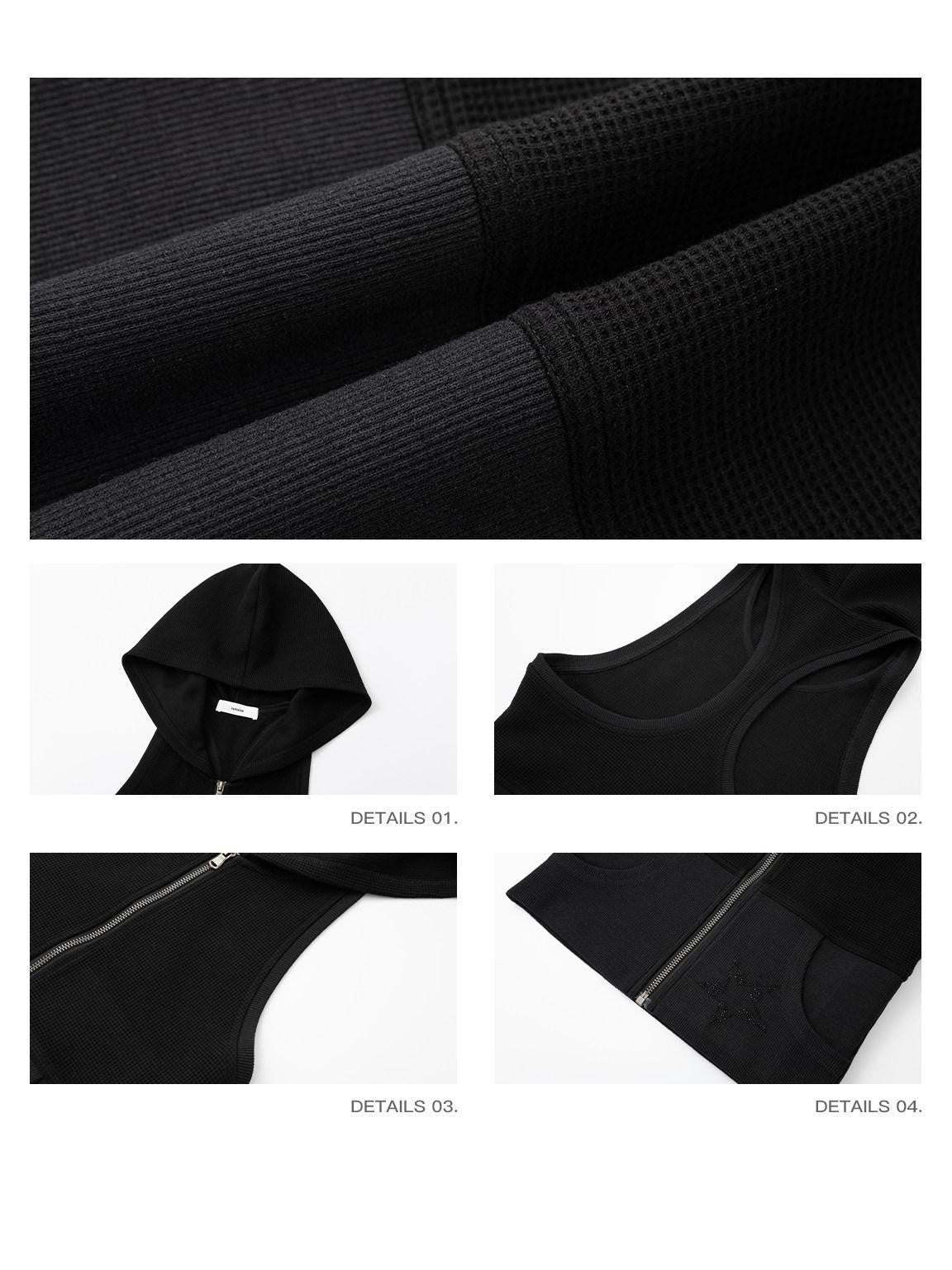 iamxiaa Star Rhinestone Hooded Waffle Stretch Knit Racerback Women&