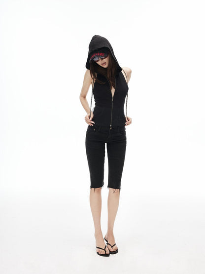 iamxiaa Star Rhinestone Hooded Waffle Stretch Knit Racerback Women&
