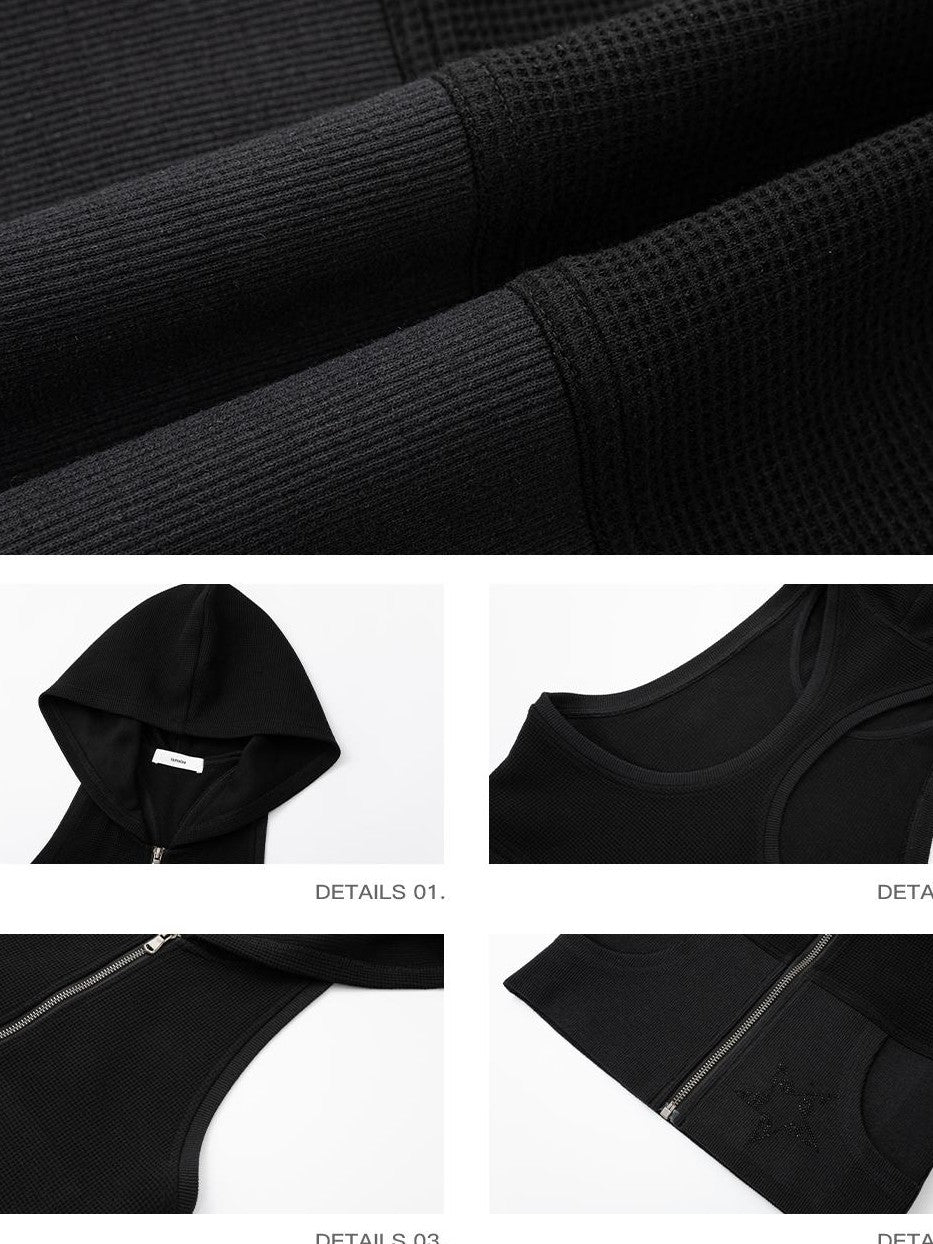 iamxiaa Star Rhinestone Waffle Knit Hooded Slim Fit Women&