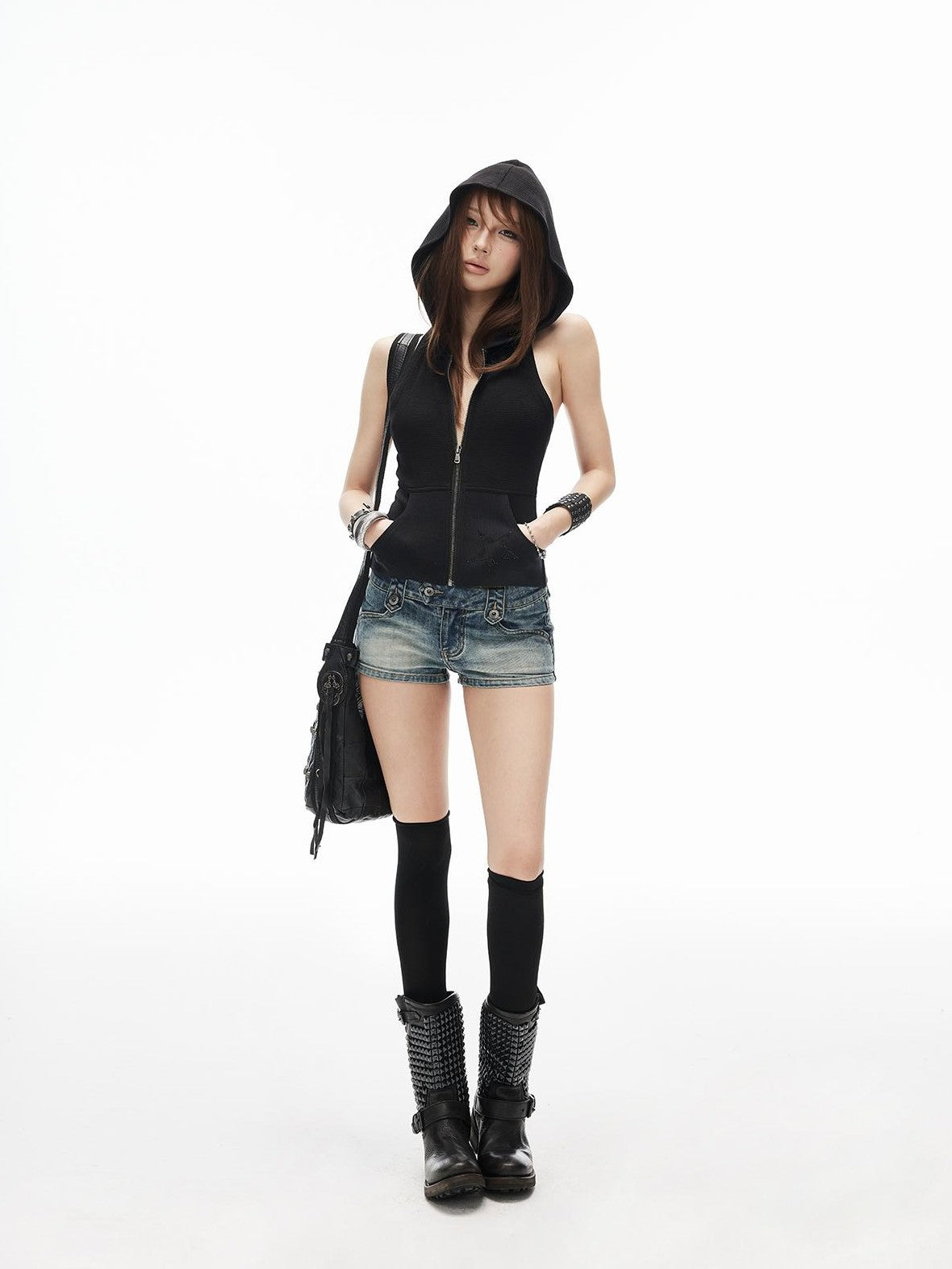 iamxiaa Star Rhinestone Waffle Knit Hooded Slim Fit Women&