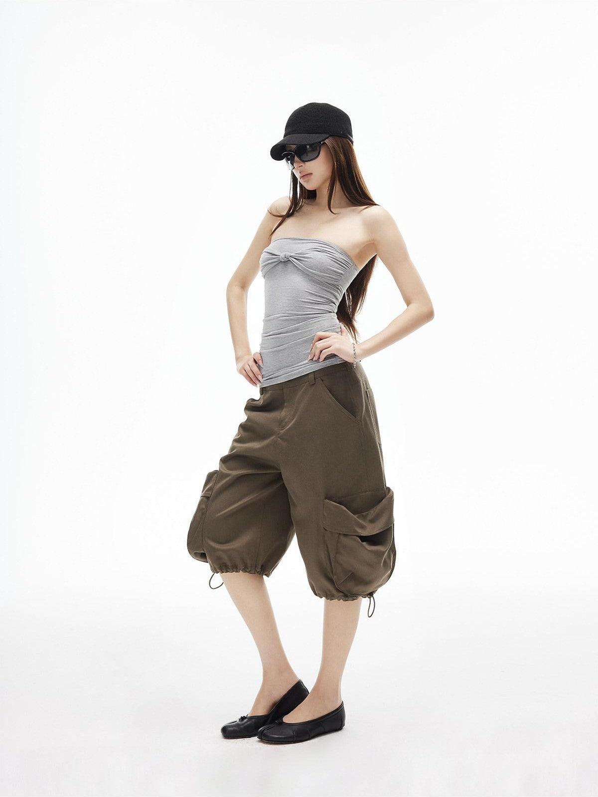 iamxiaa Straight Neck Twist Bow Ruched Women&