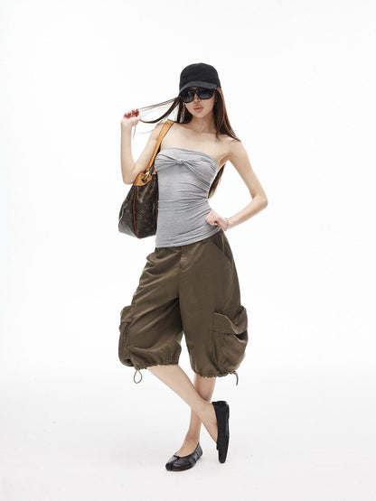 iamxiaa Straight Neck Twist Bow Ruched Women&
