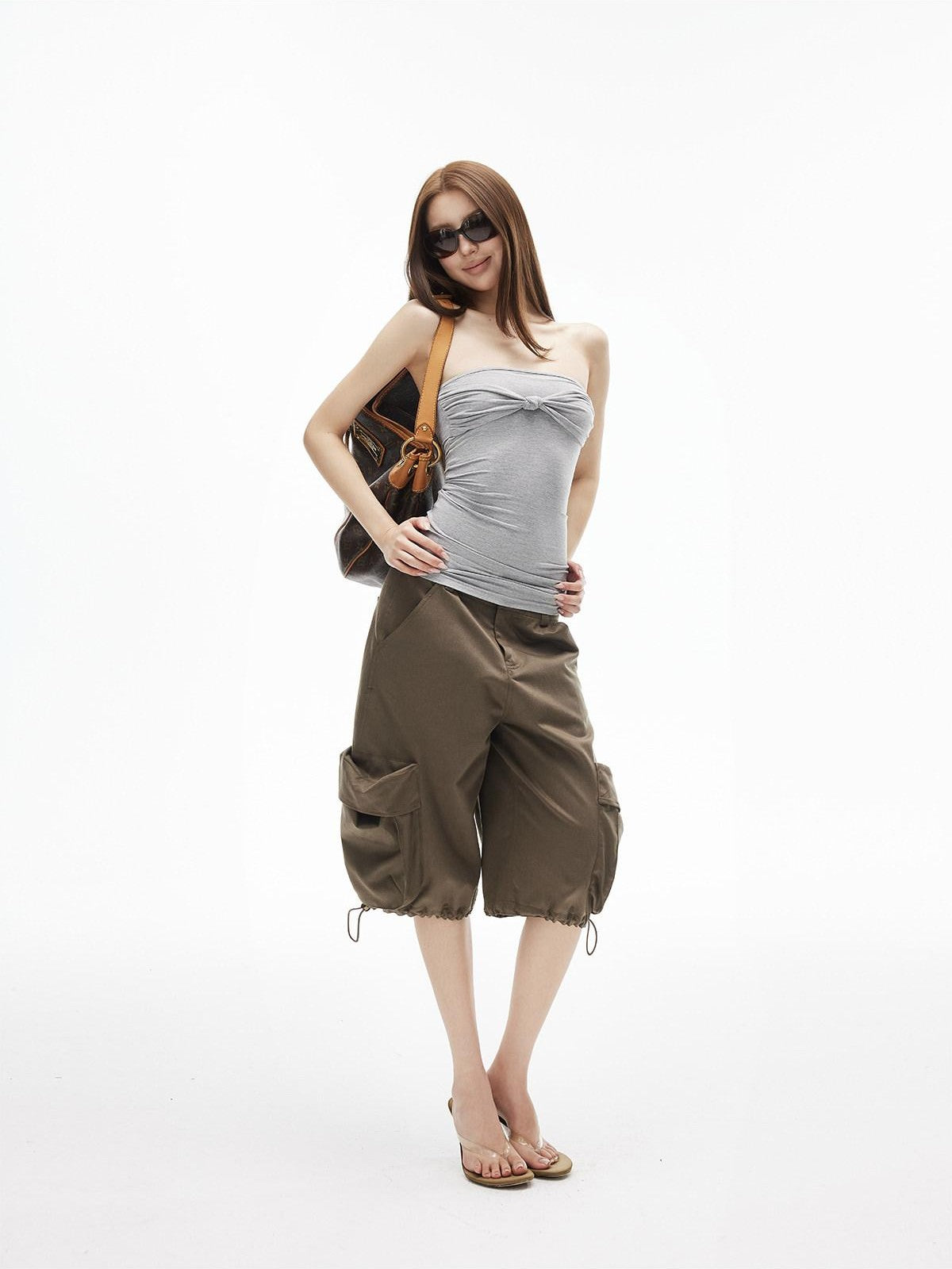 iamxiaa Straight Neck Twist Bow Ruched Women&
