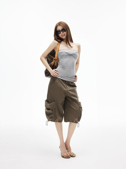 iamxiaa Straight Neck Twist Bow Ruched Women&