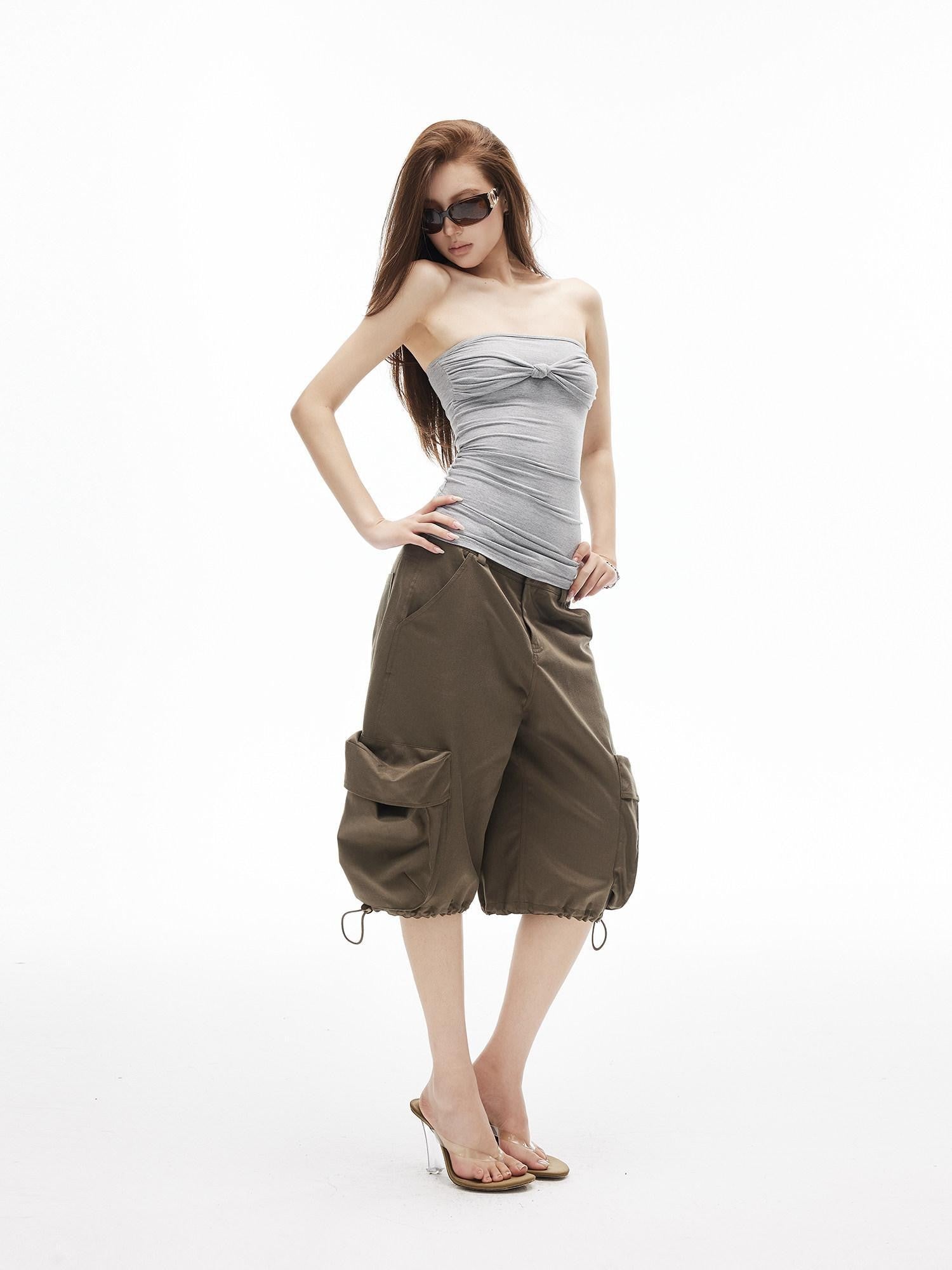 iamxiaa Straight Neck Twist Bow Ruched Women&