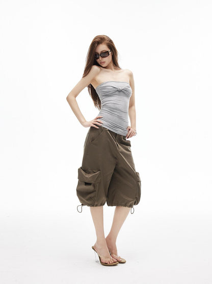 iamxiaa Straight Neck Twist Bow Ruched Women&