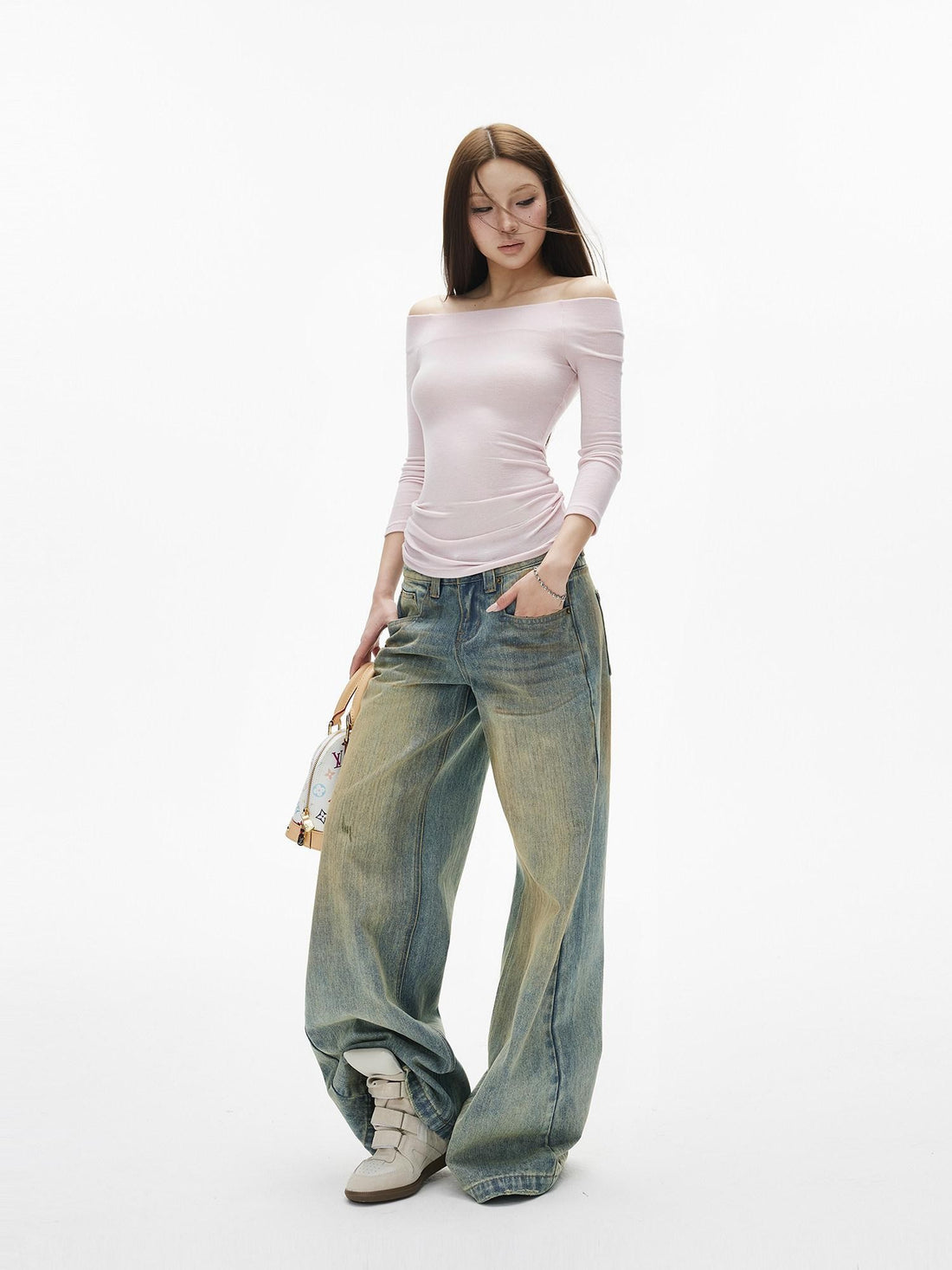 iamxiaa Street Mud Dyed Distressed Low Rise Wide Waistband Women&