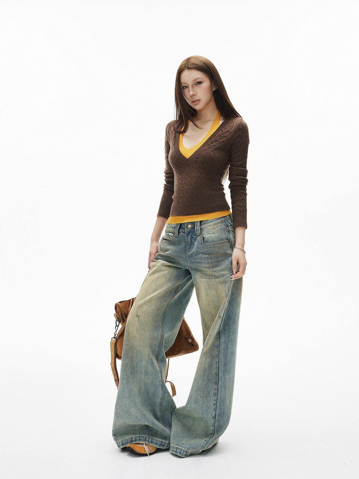 iamxiaa Street Mud Dyed Distressed Low Rise Wide Waistband Women&