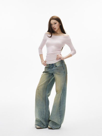 iamxiaa Street Mud Dyed Distressed Low Rise Wide Waistband Women&