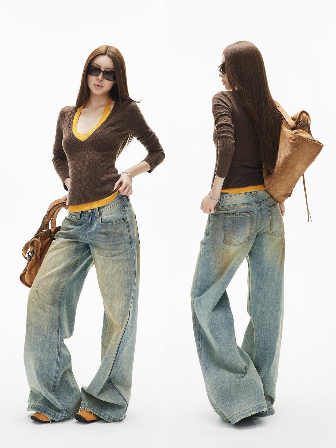 iamxiaa Street Mud Dyed Distressed Low Rise Wide Waistband Women&