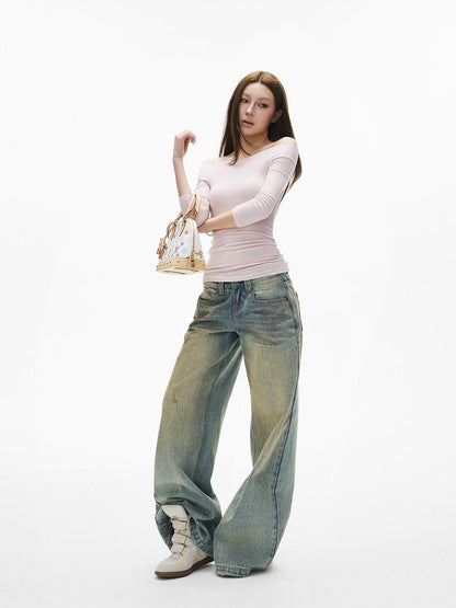 iamxiaa Street Mud Dyed Distressed Low Rise Wide Waistband Women&