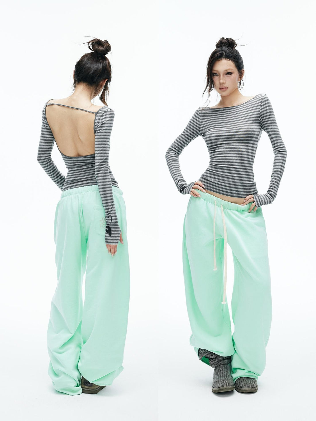 iamxiaa Striped Color Block Off Shoulder Backless Slim Fit Knit Women&