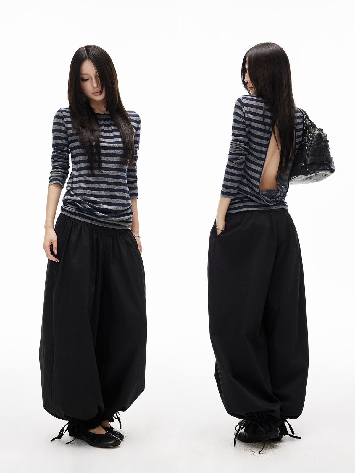 iamxiaa Striped Cutout Open Back Ruched Crewneck Women&