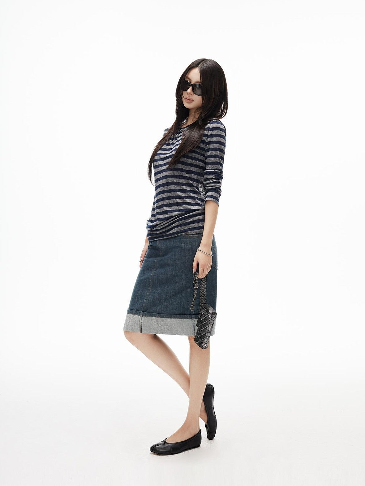 iamxiaa Striped Cutout Open Back Ruched Crewneck Women&
