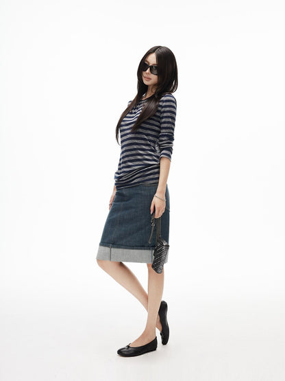 iamxiaa Striped Cutout Open Back Ruched Crewneck Women&