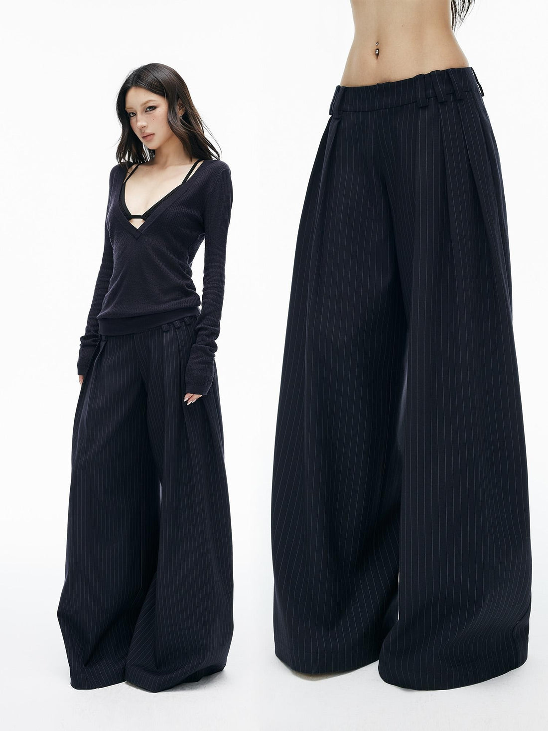 iamxiaa Striped Navy Blue Low Waist Pleated Minimalist Women&
