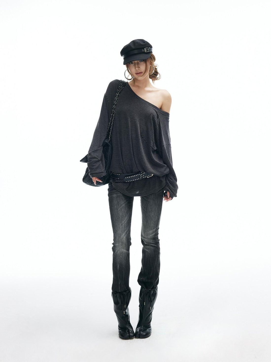 iamxiaa Striped Slanted Shoulder Strap Women&