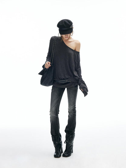 iamxiaa Striped Slanted Shoulder Strap Women&
