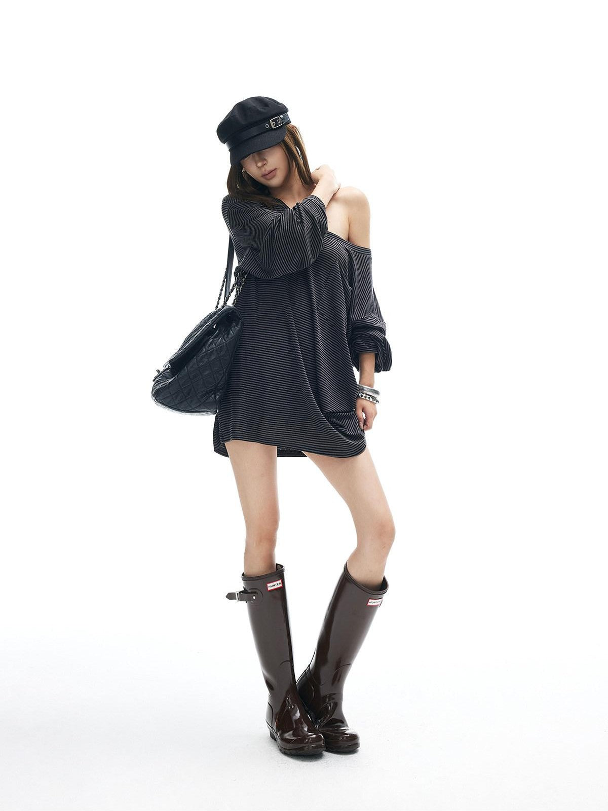iamxiaa Striped Slanted Shoulder Strap Women&