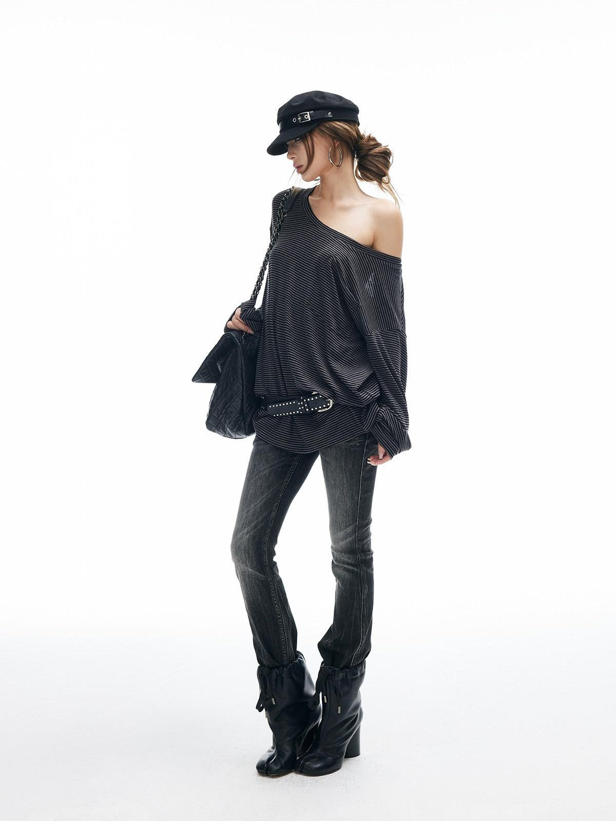 iamxiaa Striped Slanted Shoulder Strap Women&