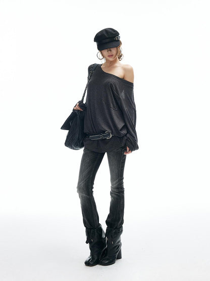 iamxiaa Striped Slanted Shoulder Strap Women&