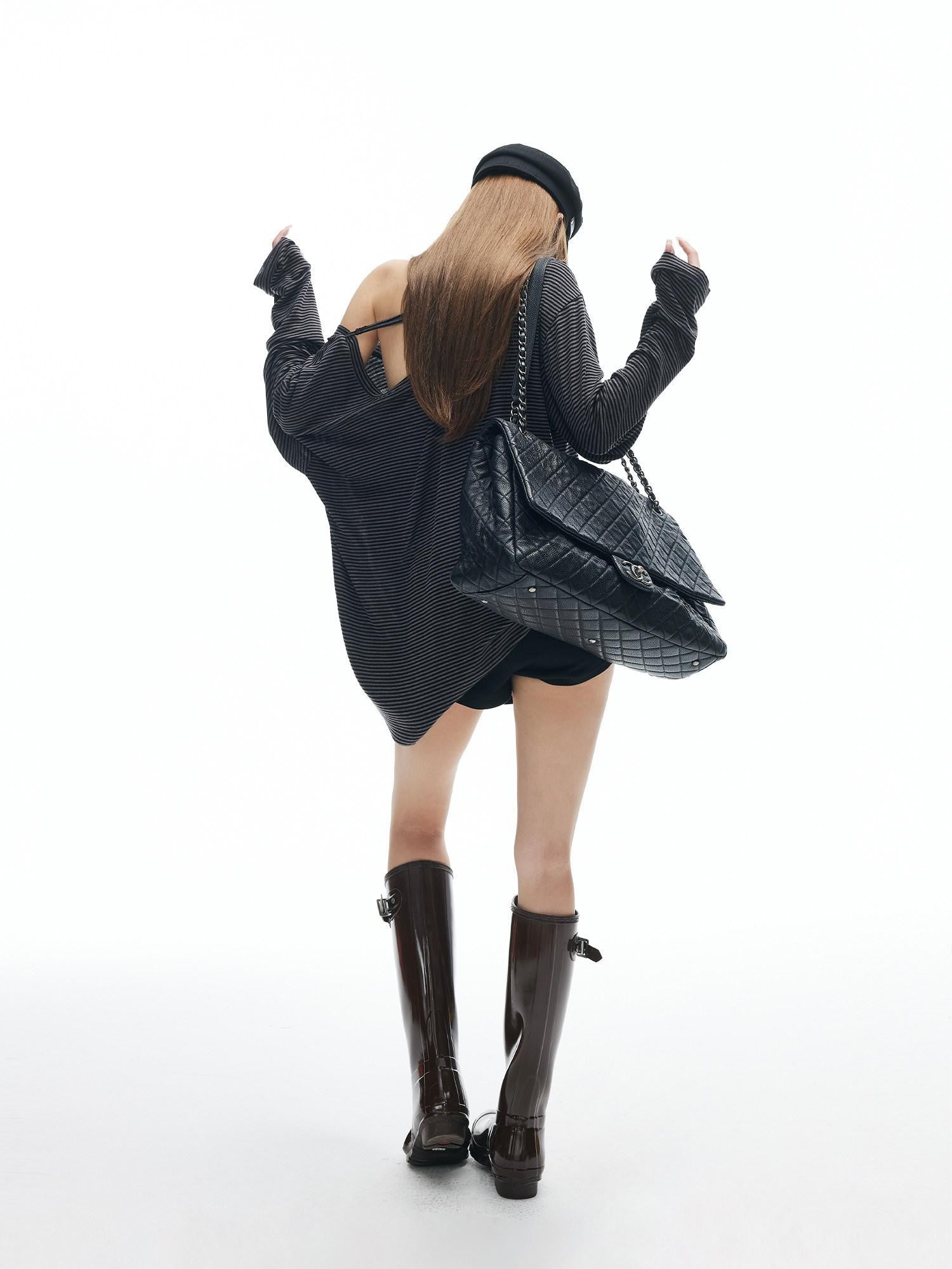 iamxiaa Striped Slanted Shoulder Strap Women&