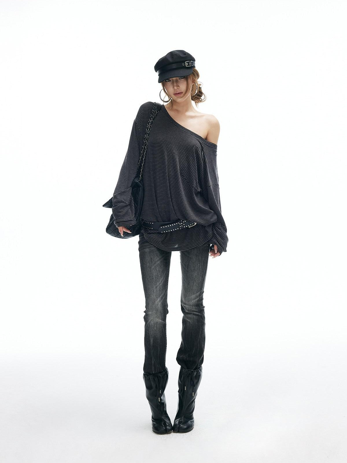 iamxiaa Striped Slanted Shoulder Strap Women&