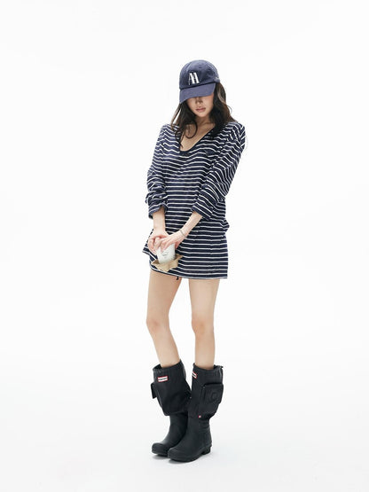 iamxiaa Striped Snowflake Texture V-neck Pocket Loose Knit Women&