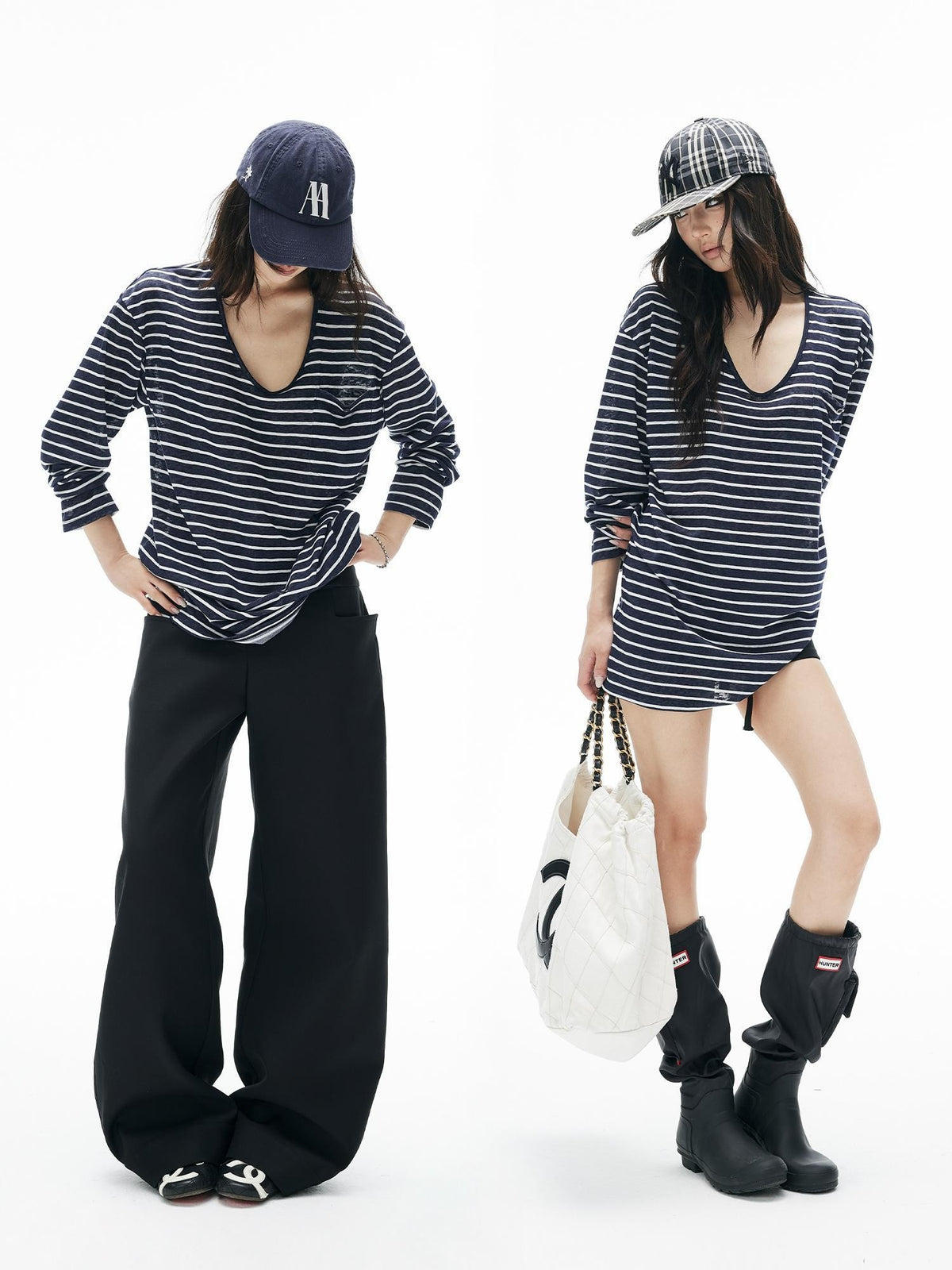 iamxiaa Striped Snowflake Texture V-neck Pocket Loose Knit Women&